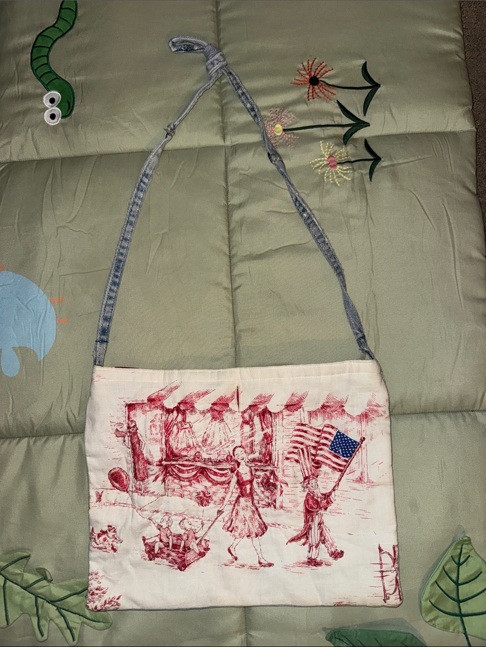 Canvas Tote Bag with Red Print and Denim Strap